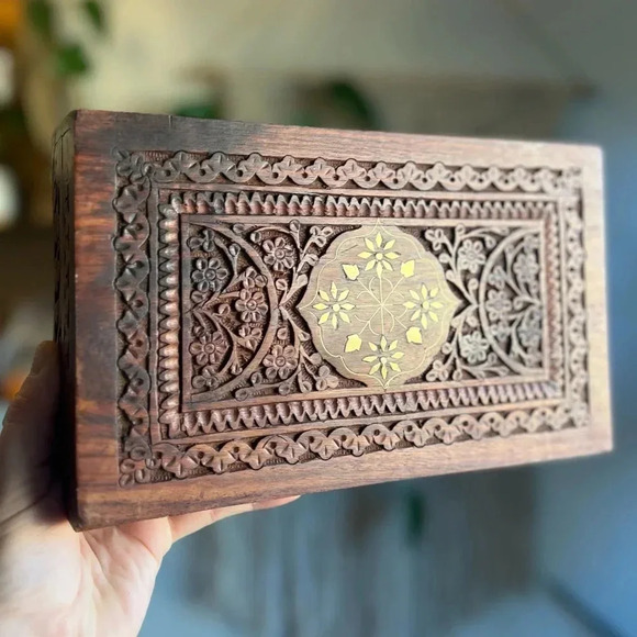 Hand-Carved Wooden Jewelry Box with Brass Inlay - 5x10” Made in India boho style - Picture 4 of 12